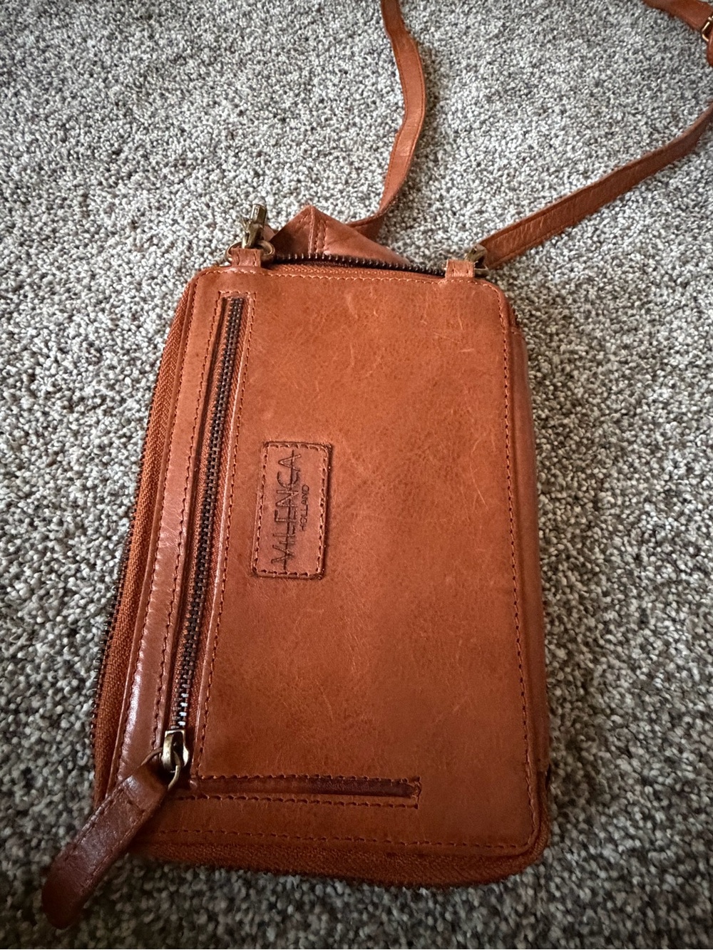 Woven Crossbody Wallet with Phone Pocket.  Soft gorgeous tan leather. - Picture 3 of 5